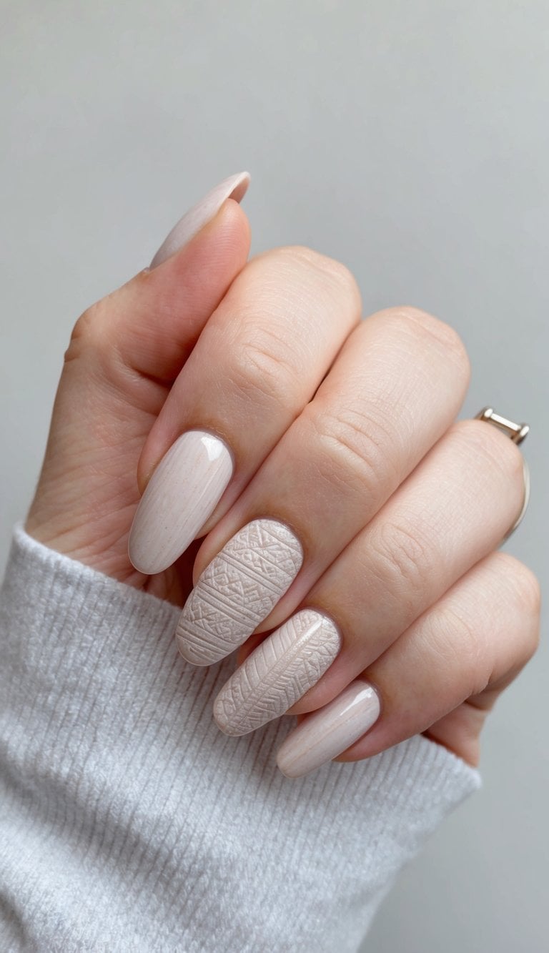 A close-up of short, textured layers of nail art designs on a neutral background