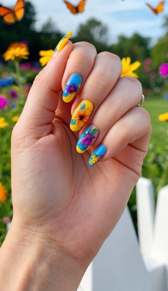 A bright and colorful butterfly garden with vibrant flowers and fluttering butterflies, set against a backdrop of blue skies and green grass