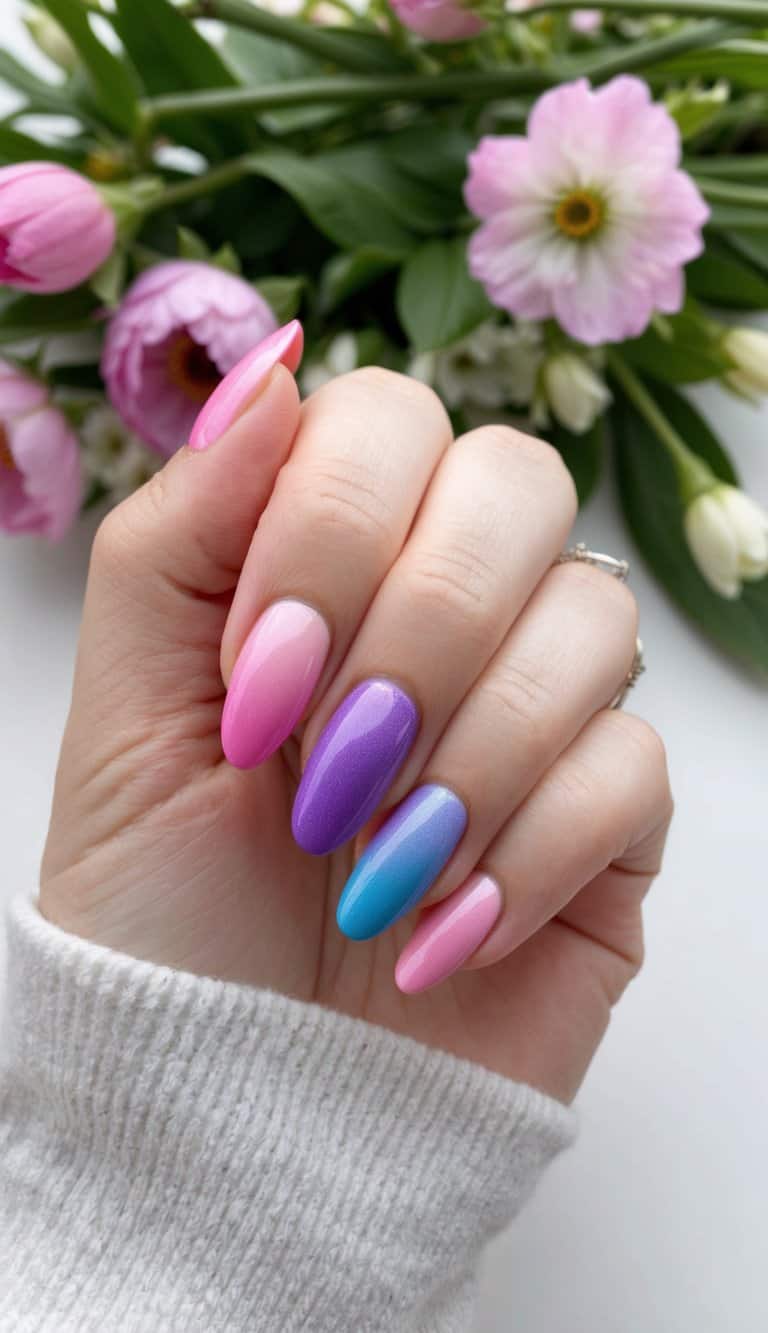 A colorful gradient of nail polish in shades of pink, purple, and blue, with a subtle glow effect, against a springtime background of flowers and greenery