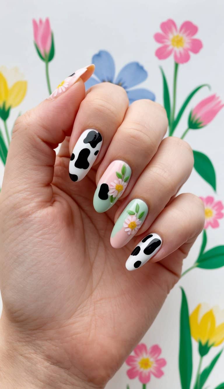 A cow print nail art design featuring pastel colors and floral accents on a spring-themed background
