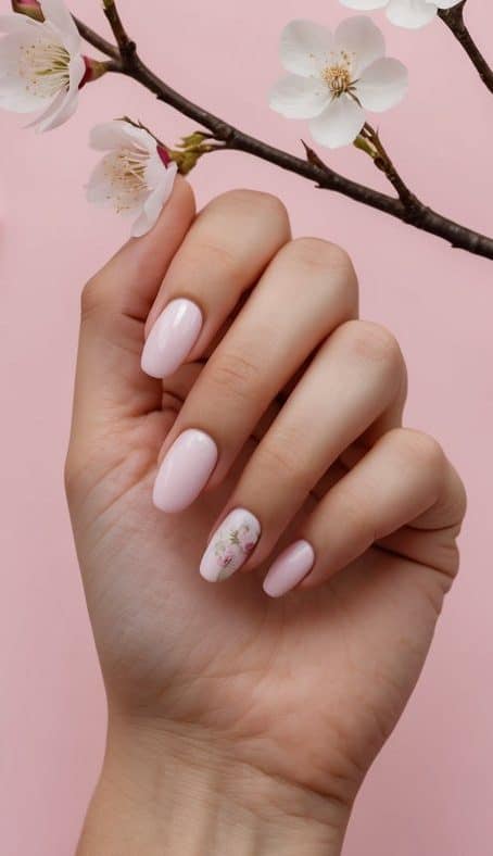 A delicate cherry blossom branch against a soft pink background, with scattered petals and buds