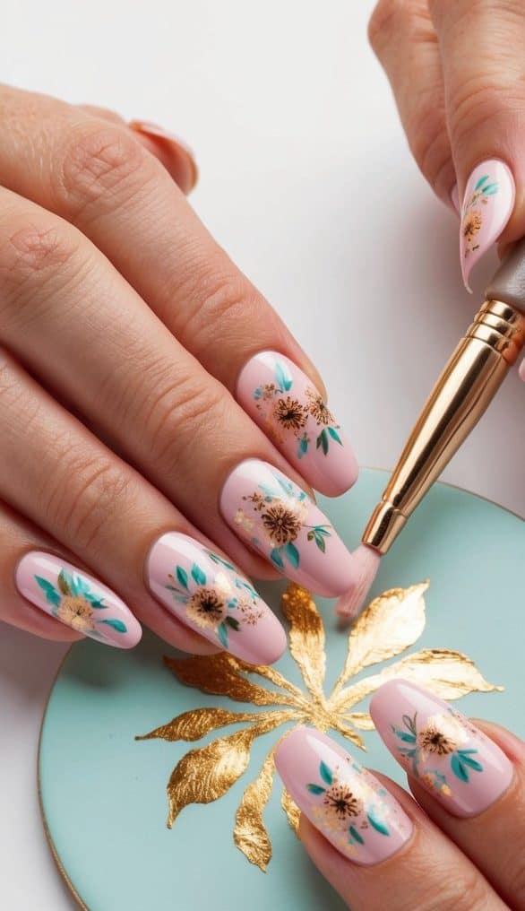 A close-up of a hand holding a nail polish brush, painting intricate floral designs on a pastel-colored background with gold foil accents