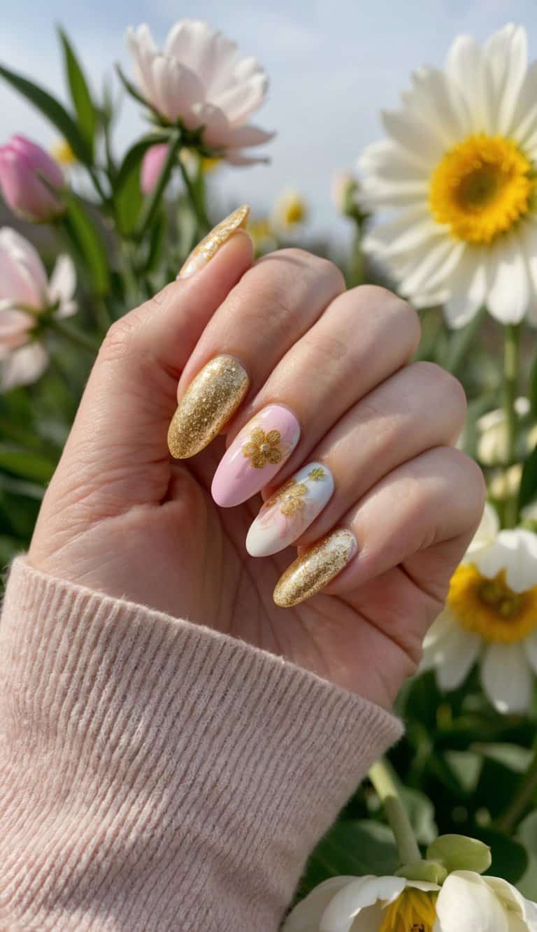Golden glittery flowers and pastel colors on nails, surrounded by spring blooms and sunshine