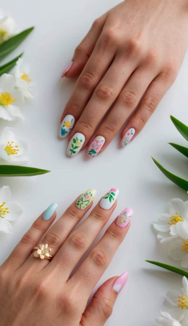 A table with a variety of spring-themed nail art designs displayed on crisp white backgrounds