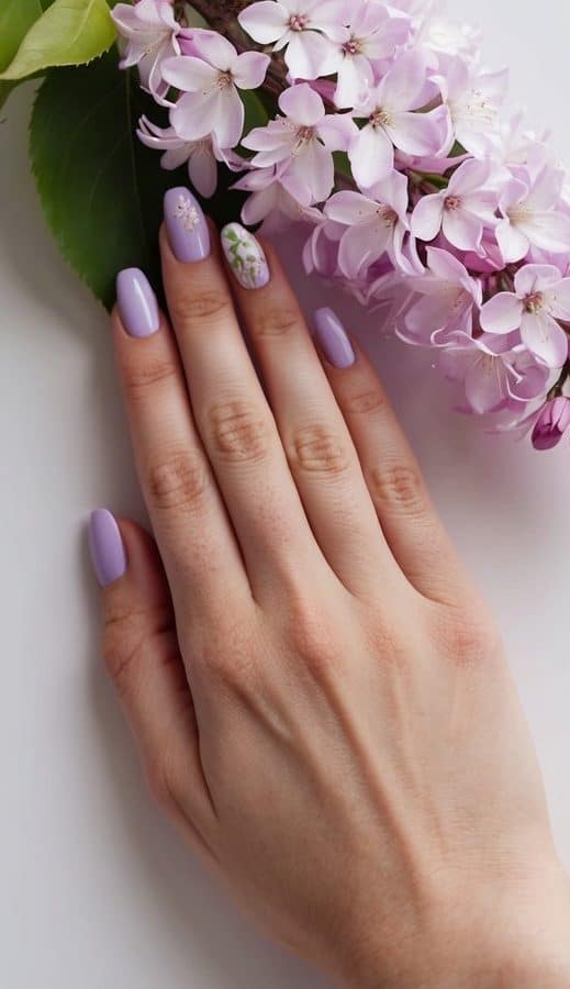 A blooming lilac branch with delicate petals and green leaves against a soft spring background