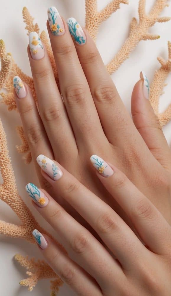 A colorful coral reef with delicate spring flowers blooming among the soft coral branches