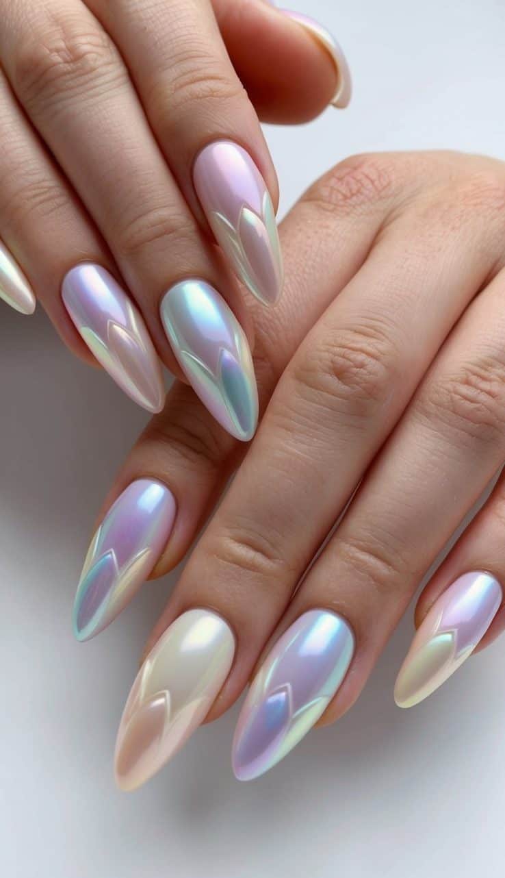 A close-up of pearlescent flower petals in various pastel colors, arranged in a spring-inspired nail art design