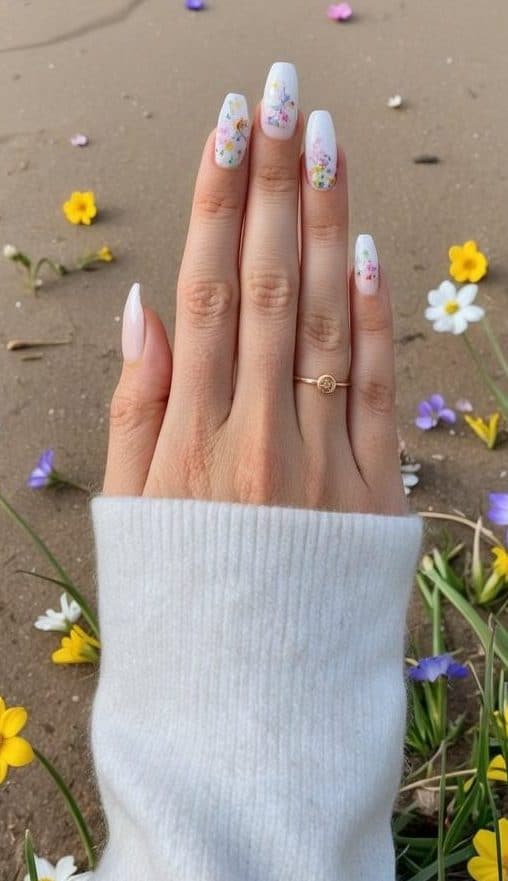 A sandy beach with colorful spring flowers scattered around