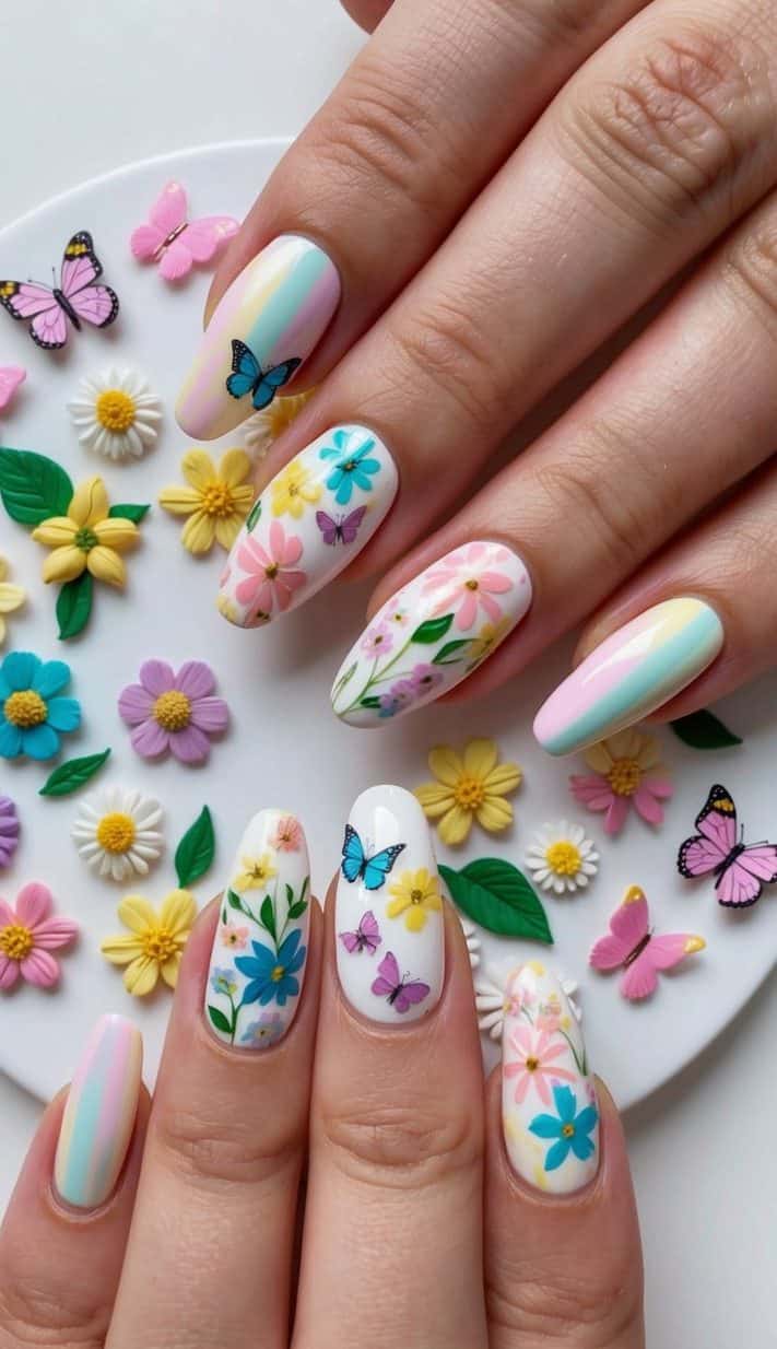 A colorful array of spring flowers, butterflies, and pastel hues spread across a nail art palette