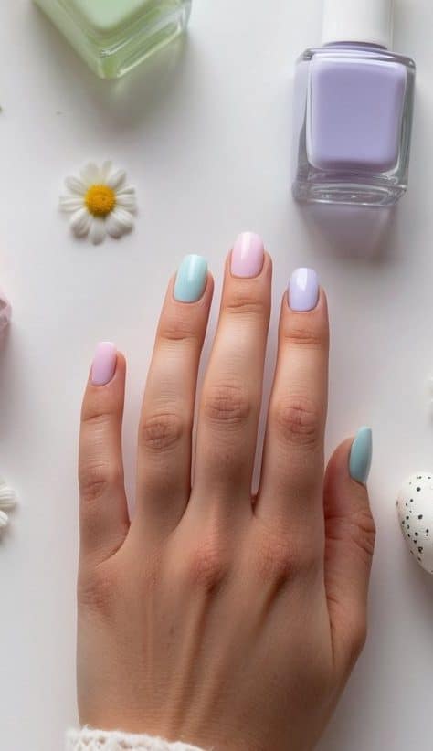 A table with pastel-colored nail polish bottles, small flowers, and speckled eggshells scattered around, evoking a springtime nail art theme