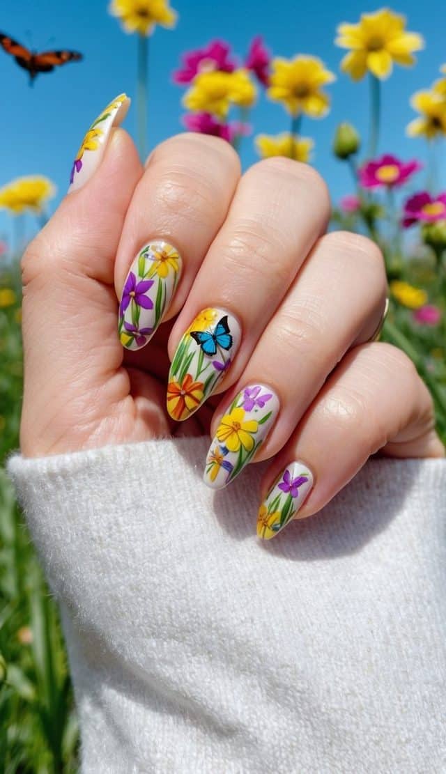 A vibrant spring meadow with colorful flowers and butterflies fluttering around, set against a bright blue sky