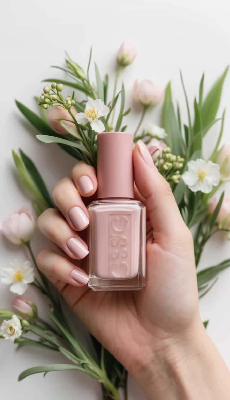 A soft blush pink nail polish bottle surrounded by delicate spring flowers and greenery