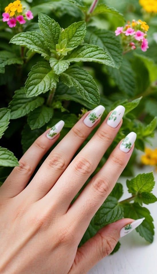 A lush garden of blooming mint leaves and vibrant spring flowers, with a gentle breeze carrying the scent of fresh herbs