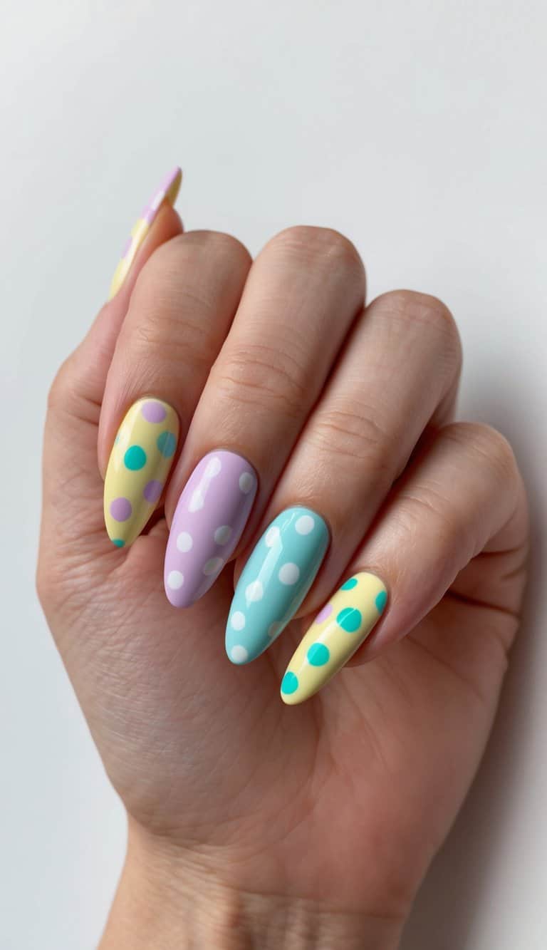 Vibrant polka dot patterns in various pastel colors adorn a set of spring-themed nails