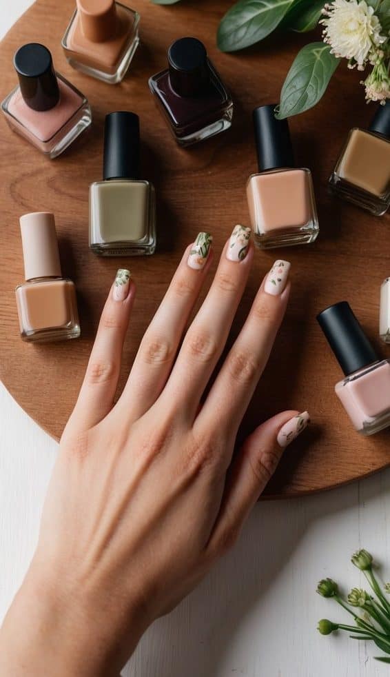 A wooden table with a variety of earthy-colored nail polish bottles, surrounded by blooming flowers and greenery