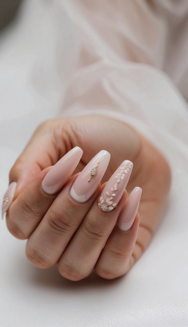A delicate, minimalist bridal nail art design featuring soft blush tones and subtle accents, perfect for adding a touch of elegance to a wedding look