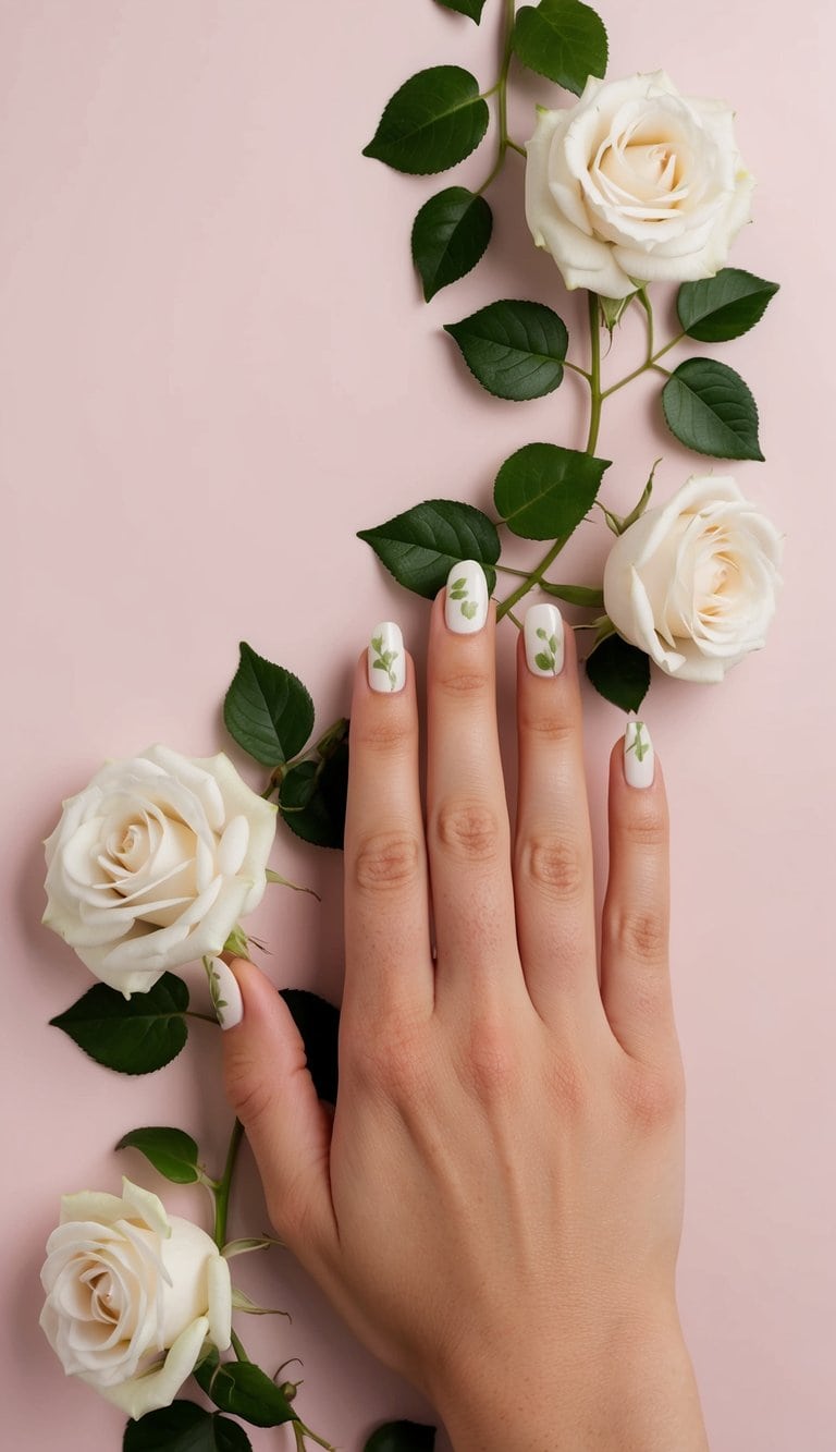 A delicate vine of white roses and green leaves winding across a pale pink background
