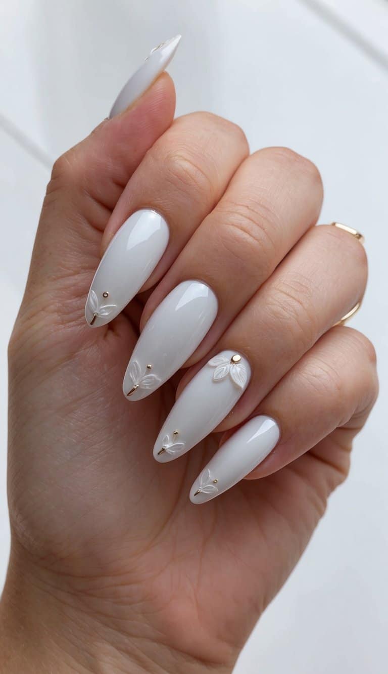 A close-up of a hand with chrome white nails adorned with delicate, minimalist wedding nail art designs
