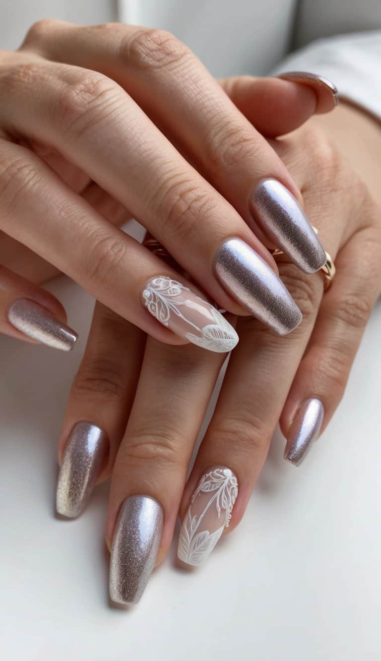 Shimmering metallic nail polish, with delicate wedding-themed designs