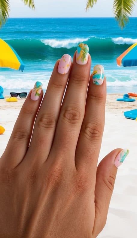 A beach scene with colorful umbrellas, palm trees, and ocean waves, with various vacation symbols like sunglasses, flip flops, and tropical fruits scattered around