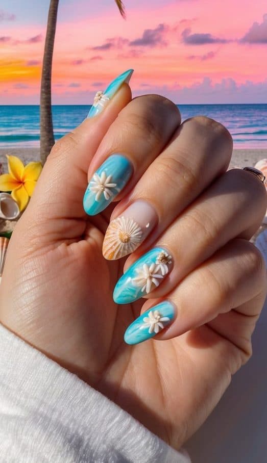 A beach scene with seashells, palm trees, and tropical flowers, set against a vibrant sunset sky