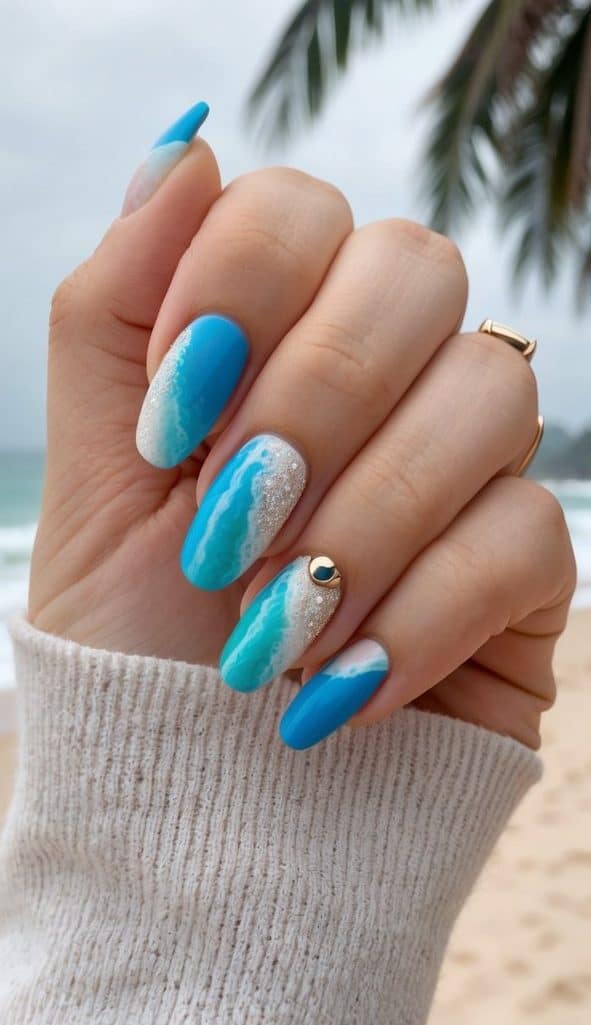 Vibrant ocean waves crashing against a sandy beach with palm trees in the background
