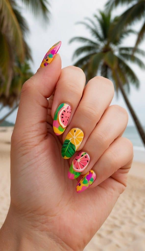 A tropical fruit-themed nail art design with vibrant colors and playful patterns, set against a backdrop of sandy beaches and palm trees