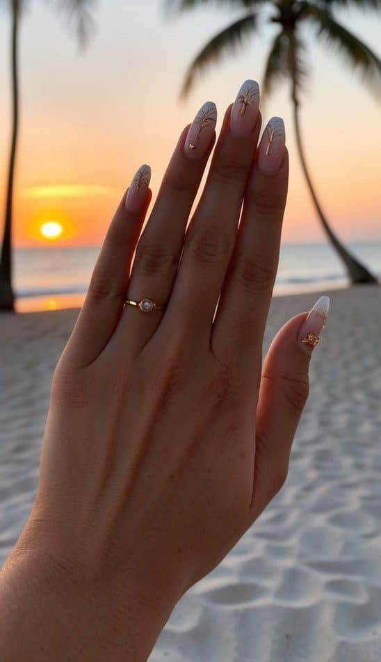 A serene beach at sunset, with palm trees silhouetted against the sky, and the warm glow of the sun casting a golden light over the sand