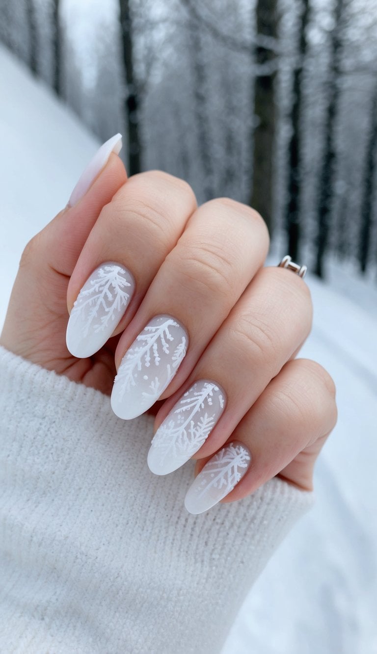 A snowy landscape with delicate frost patterns on white nails