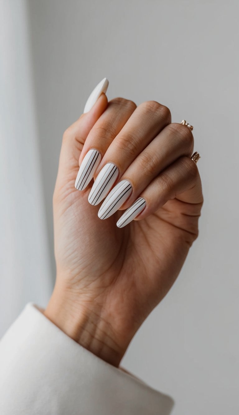 A bride's hand with sleek linear patterns on her nails, adding elegance to her bridal look