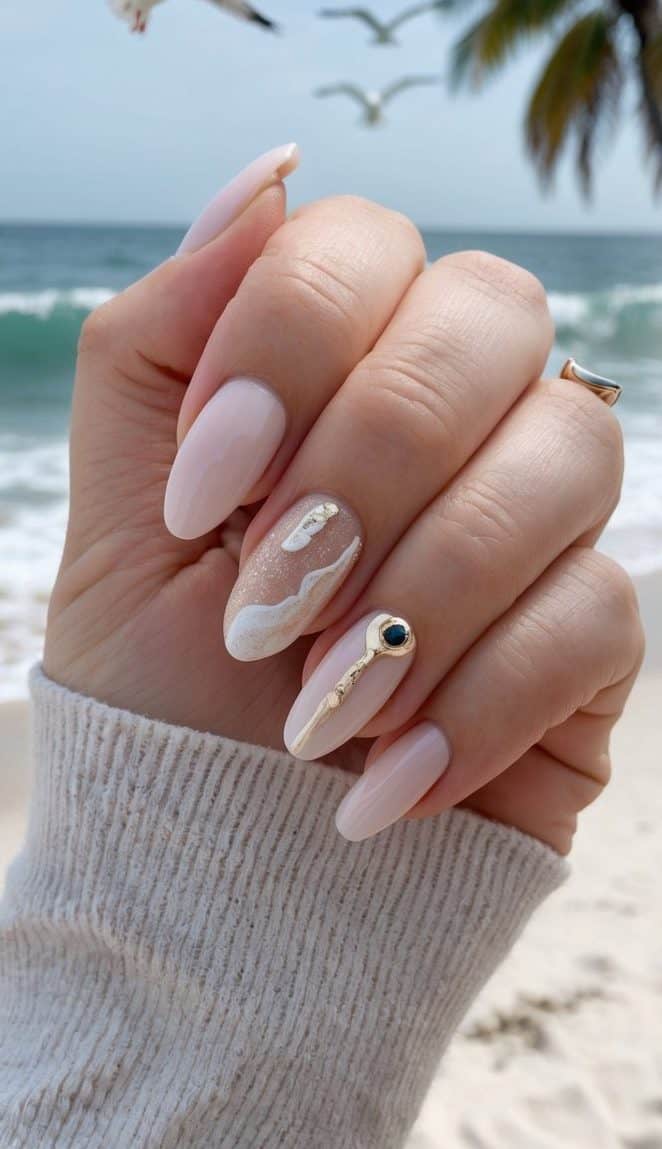 A beach with waves crashing against the shore, palm trees swaying in the breeze, and seagulls flying overhead