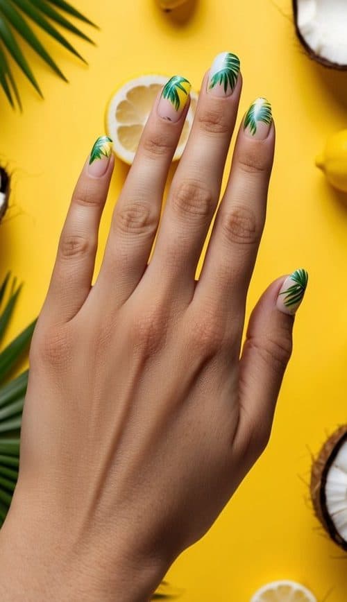 A tropical beach scene with palm trees, coconuts, and lemons scattered around a bright yellow background