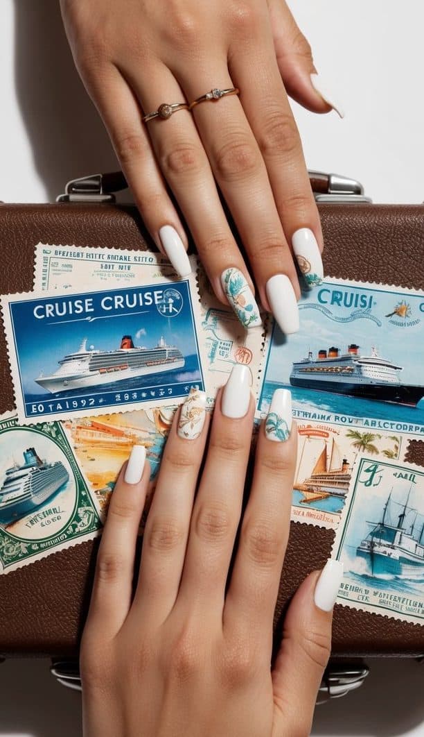 A vintage suitcase filled with retro cruise stamps and travel memorabilia