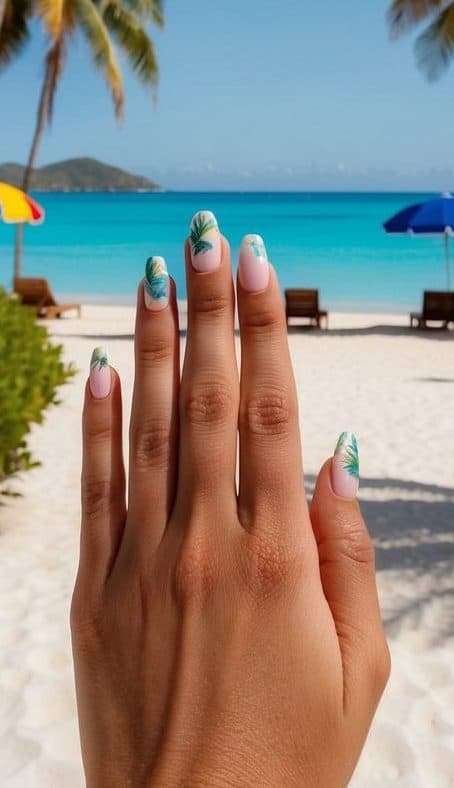 A tropical lagoon with palm trees and crystal blue water, surrounded by sandy beaches and colorful beach umbrellas