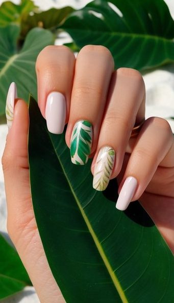 Vibrant tropical leaves in various shades and sizes scattered across a white sandy beach with clear blue water in the background