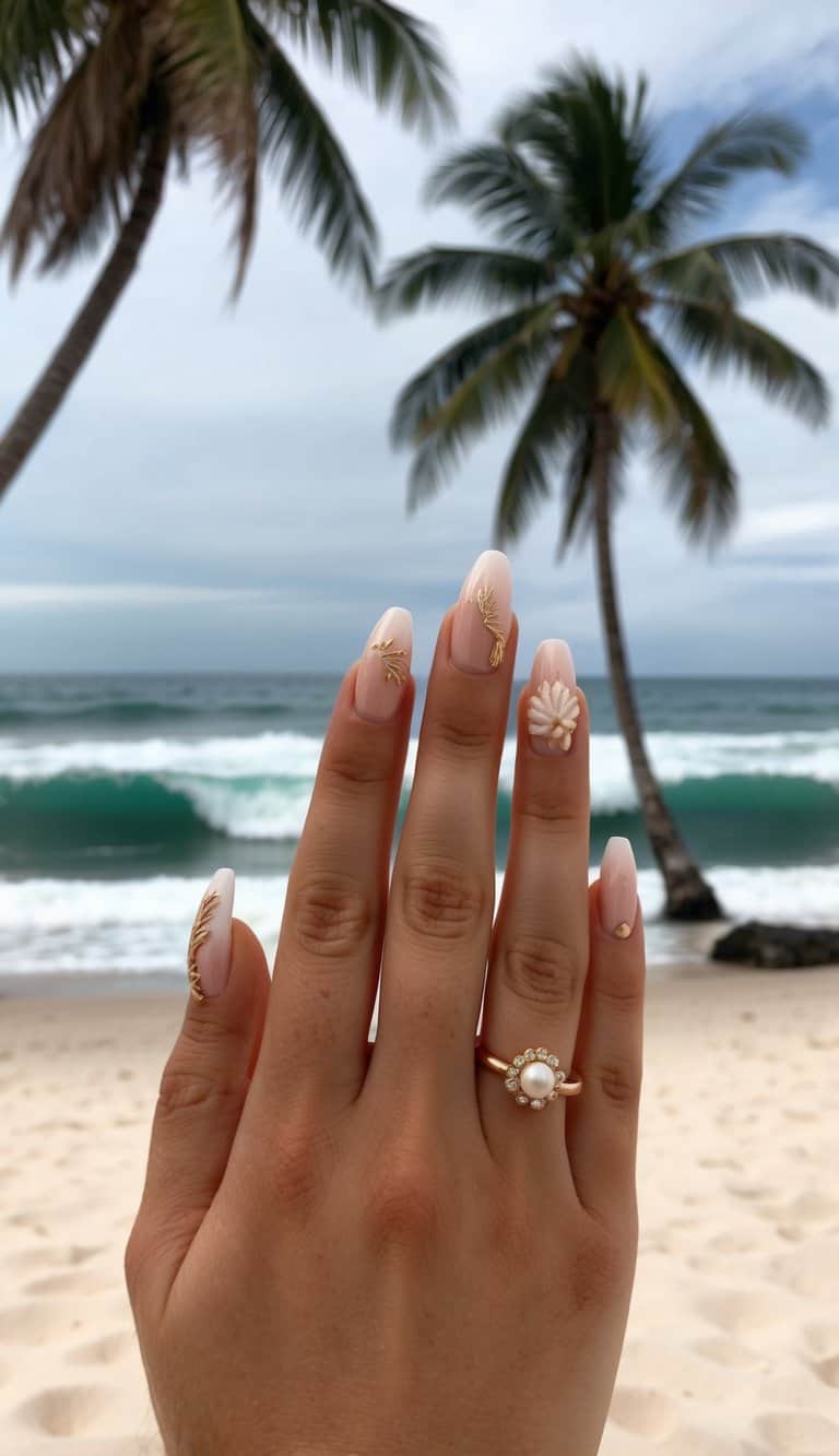 A sandy beach with seashells and palm trees, waves crashing in the background