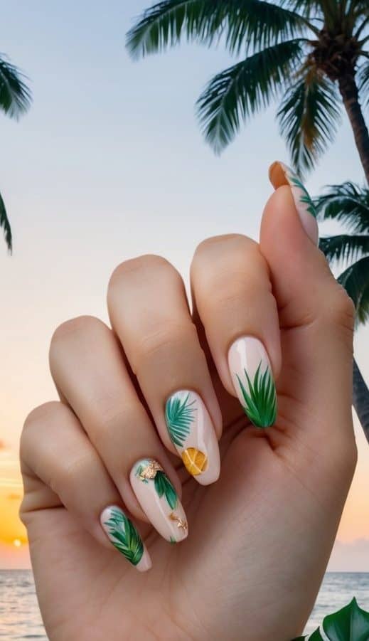 A beach scene with palm trees, seashells, and tropical flowers, set against a sunset sky