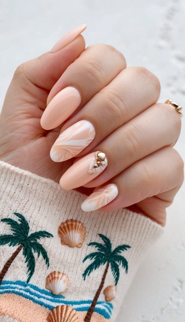 A beach scene with palm trees, waves, and seashells in pastel peach tones for vacation nail art inspiration