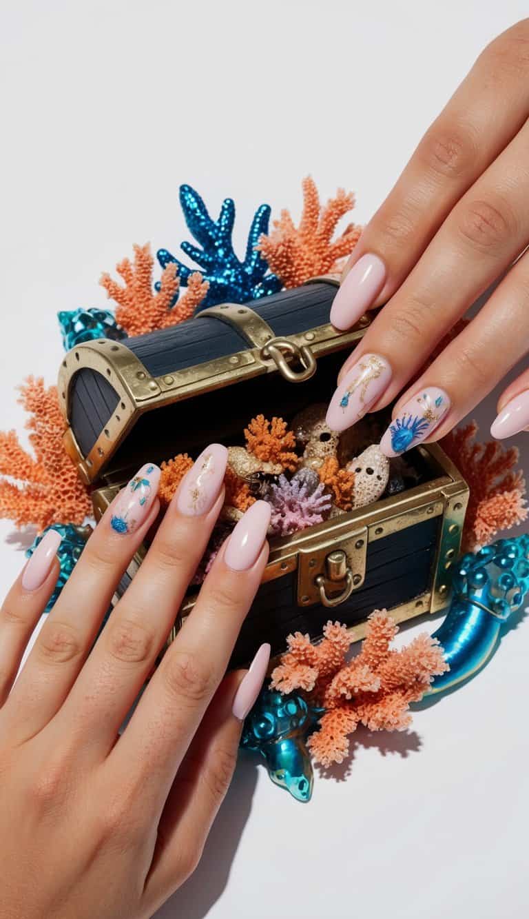 A sunken treasure chest surrounded by colorful coral and shimmering sea creatures