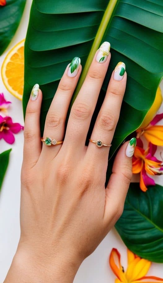 Vibrant banana leaves swaying in the breeze, surrounded by colorful tropical flowers and exotic fruits