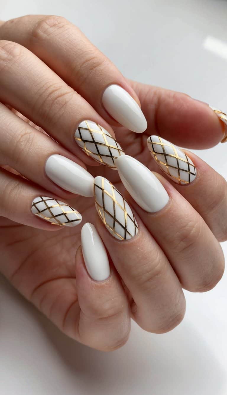 Golden geometric patterns on white nails, elegant and luxurious