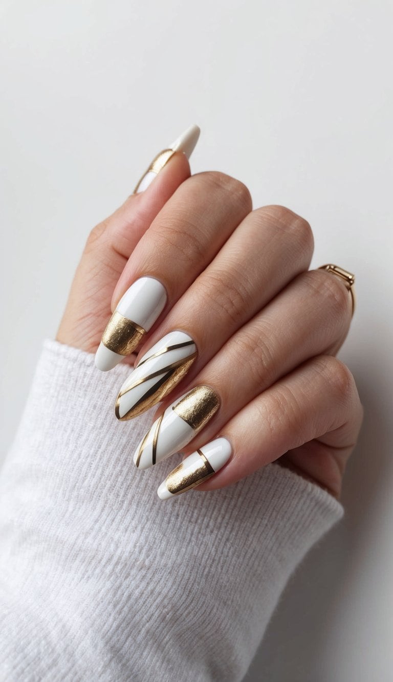 White and gold abstract shapes arranged in a luxurious nail art design