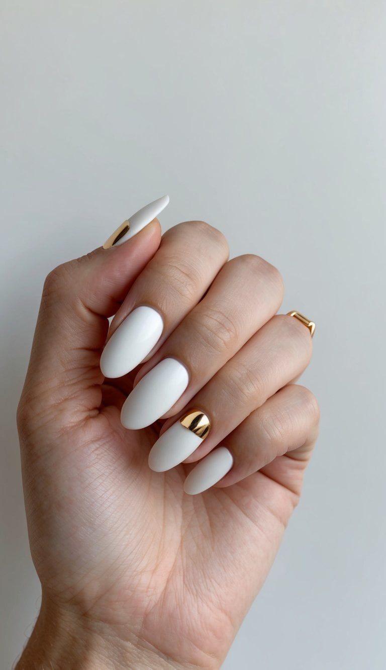 Matte white nails with gold accents on a clean, classy background