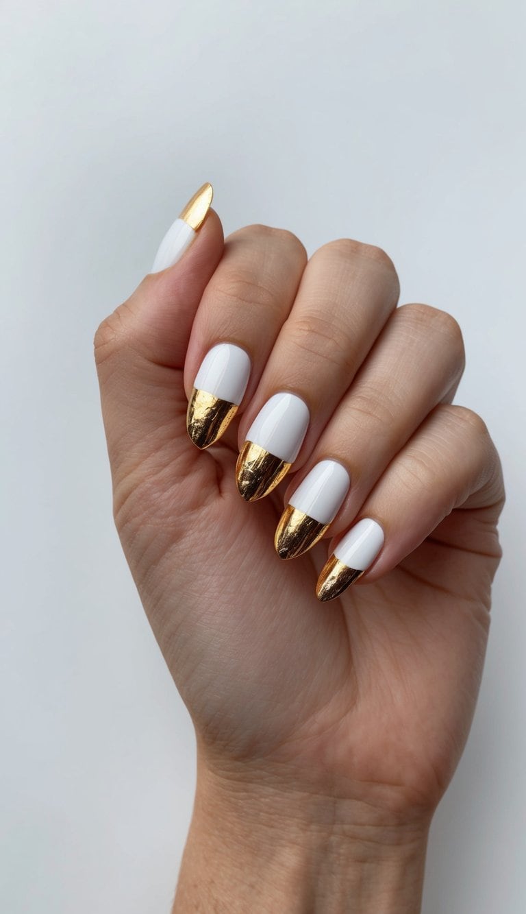 White and gold foil tips on a clean, classy nail art display