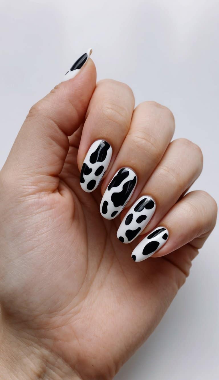 A cow print manicure with western-themed nail art