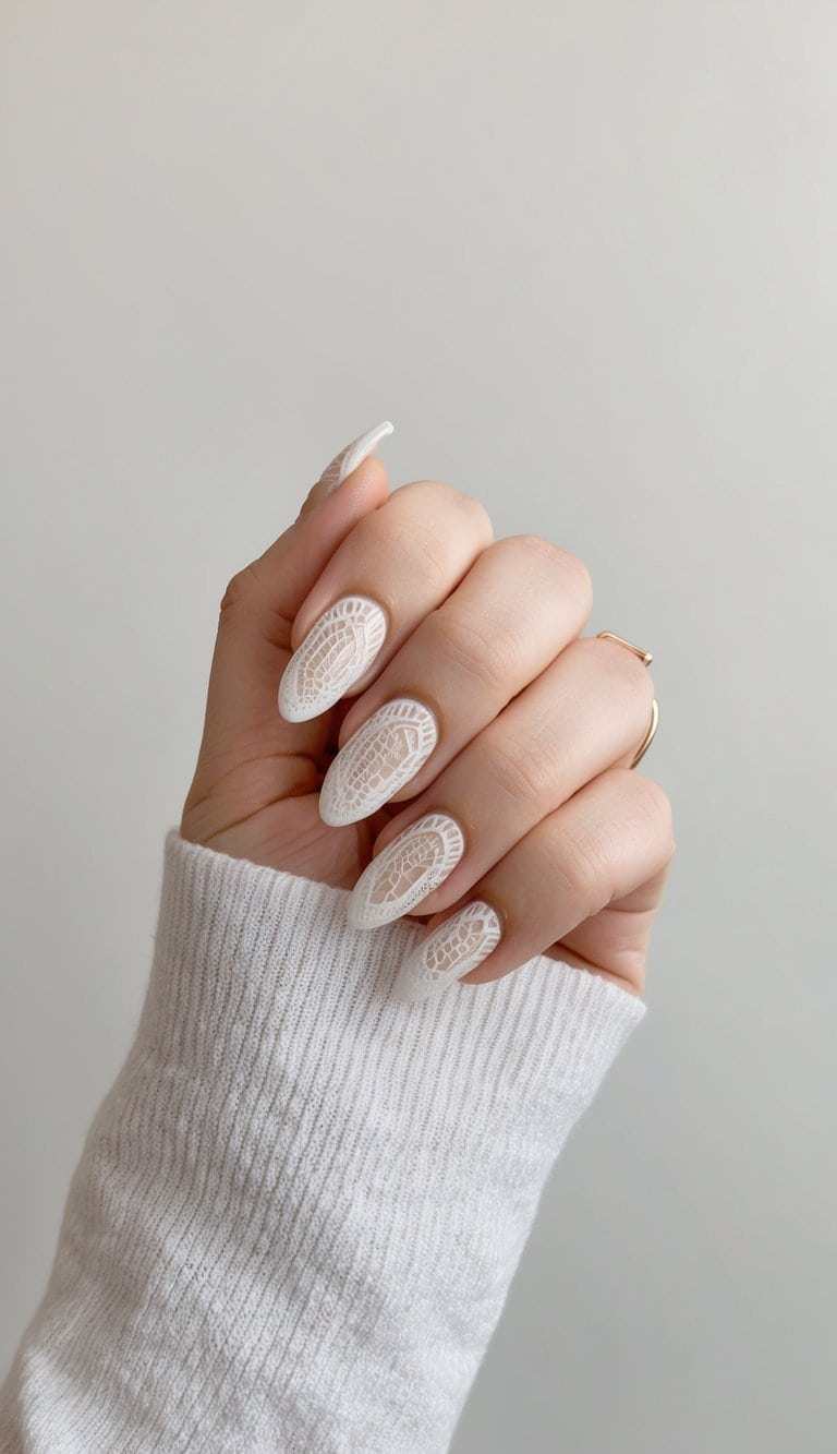 A clean, classy scene with white lace nail art on a neutral background