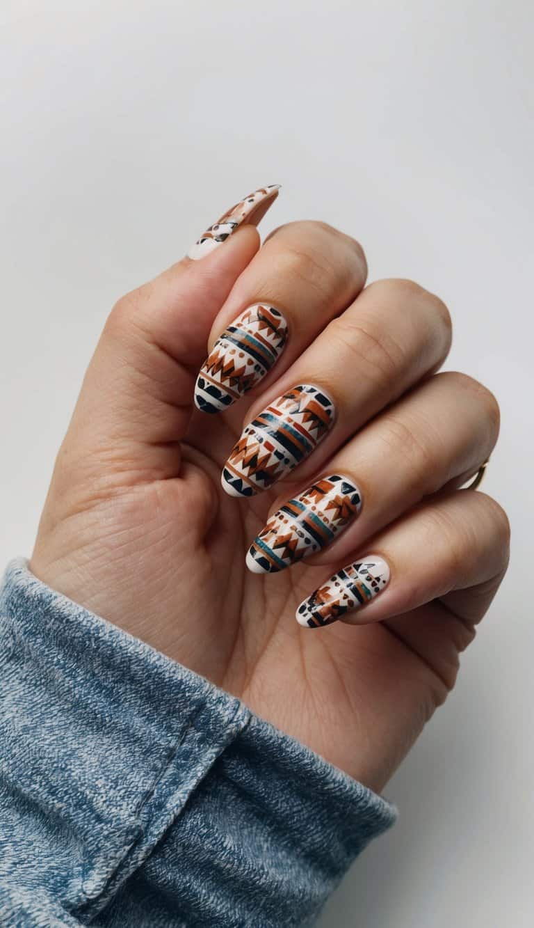 Rustic Aztec tribal designs adorn western nail art scene