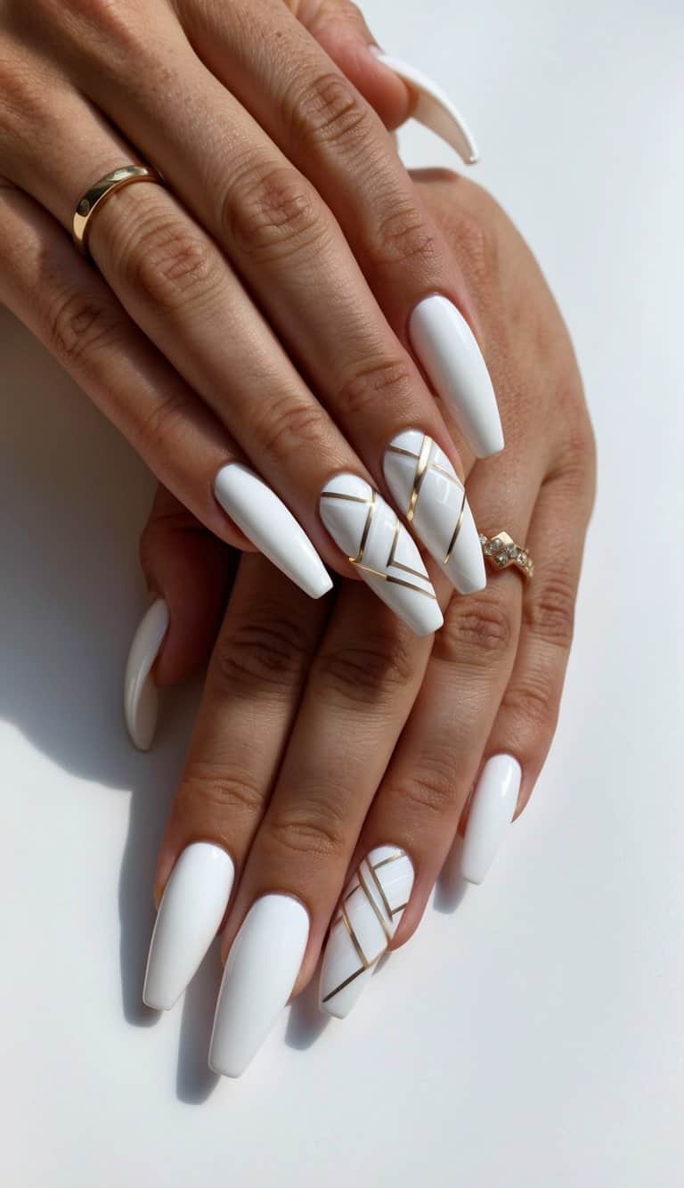 A clean and classy white nail art design with geometric patterns on a white background