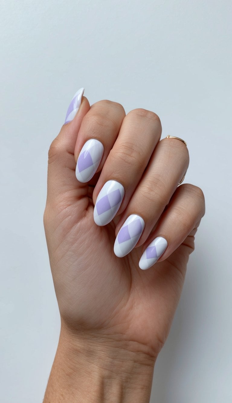 A hand with white and lavender checkered nails against a clean, classy background