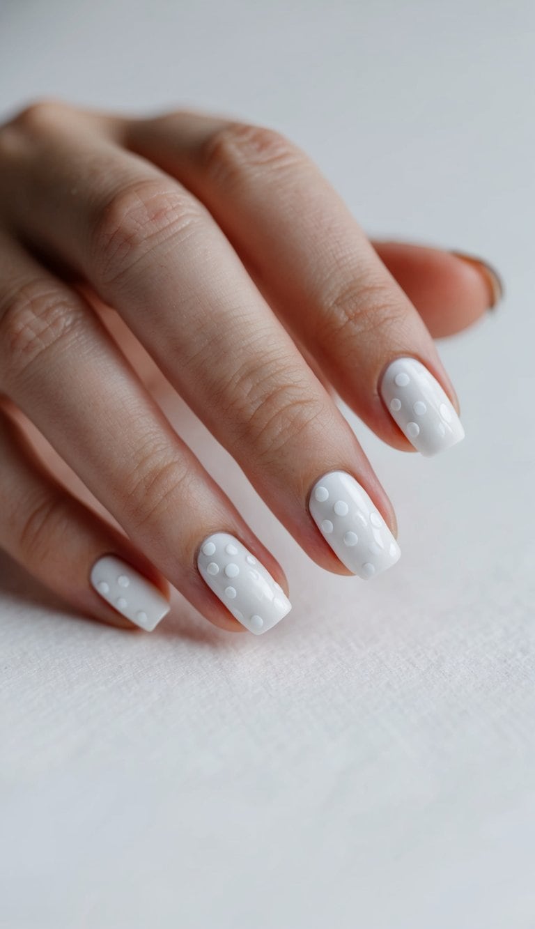 A close-up of white polka dots on a clean, white nail canvas